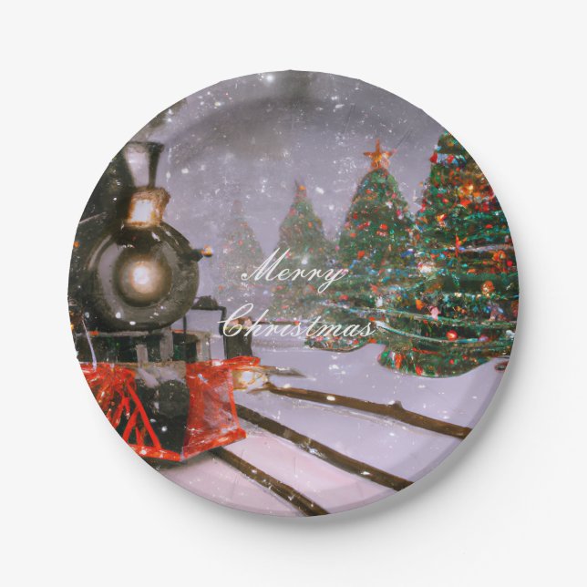 Christmas tree forest train paper plate (Front)