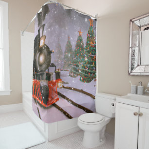 Christmas tree forest train shower curtain