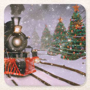Christmas tree forest train  square paper coaster