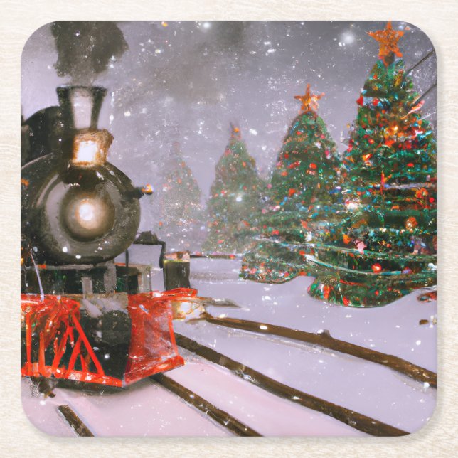Christmas tree forest train  square paper coaster (Front)