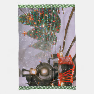 Christmas tree forest train tea towel