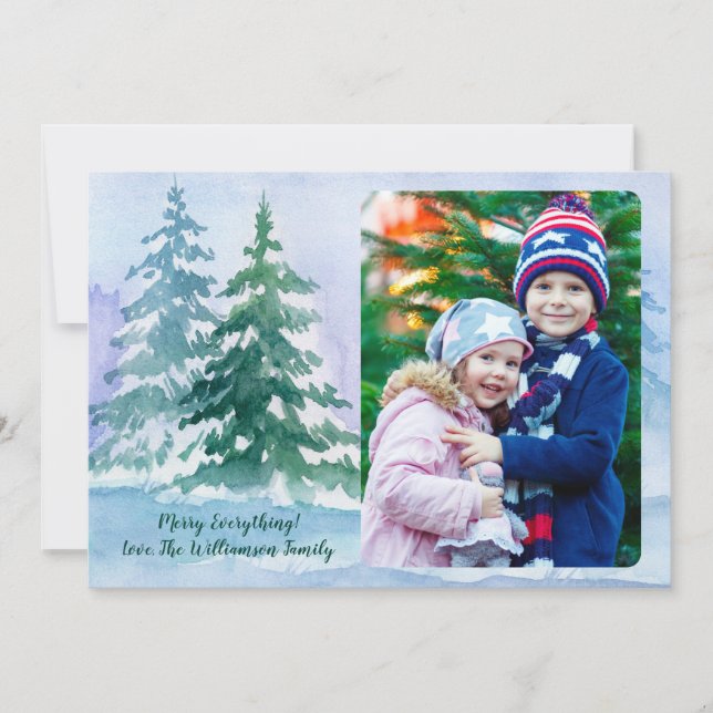 Christmas Tree Forest Watercolor Family Photo Holiday Card (Front)