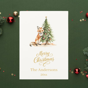 Christmas tree fox beige elegant script holiday card