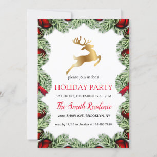 Christmas tree frame, golden reindeer invitation