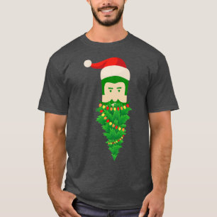 Christmas Tree Funny Green Beard Santa Hat Man T-Shirt