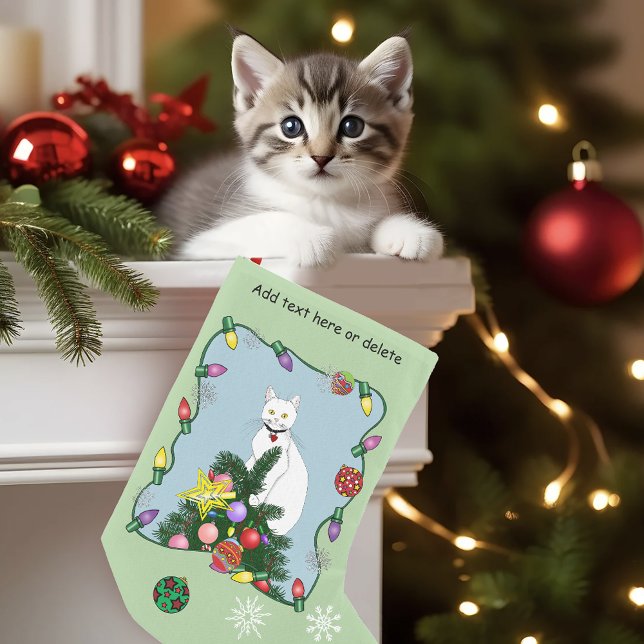 Christmas Tree Funny White Cat Small Christmas Stocking (Creator Uploaded)
