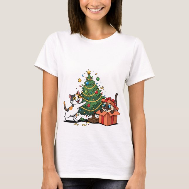 Christmas Tree & Gift Surprise Cats  T-Shirt (Front)