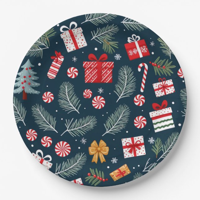 Christmas Tree Gifts Candy Cane Bells Paper Plate (Front)
