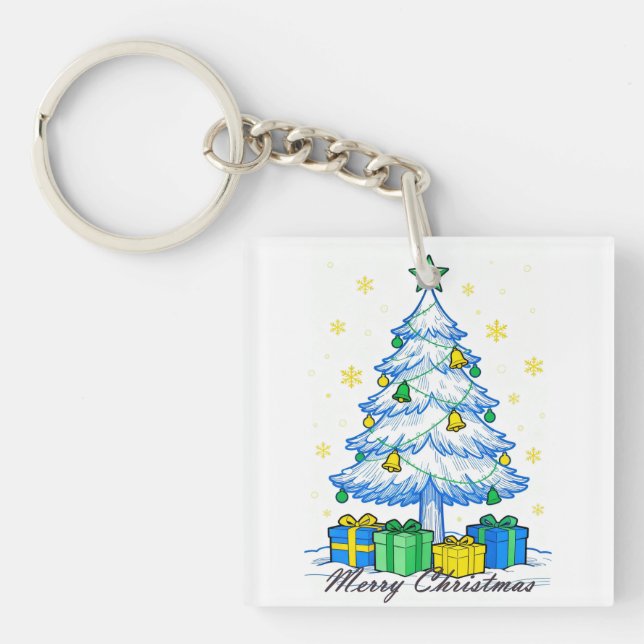 Christmas Tree & Gifts Merry Christmas Acrylic Key Ring (Front)