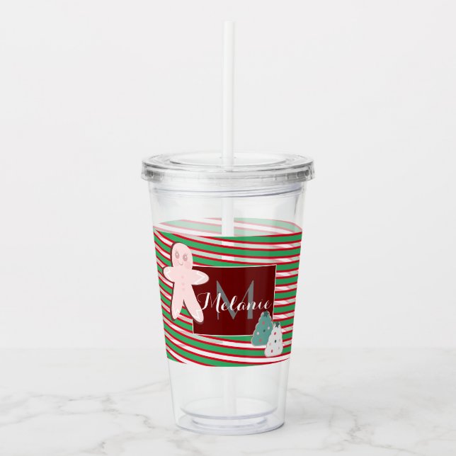 Christmas Tree Gingerbread Monogram Custom Name Acrylic Tumbler (Front)