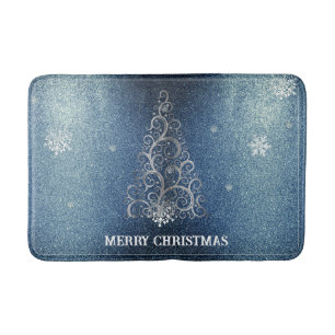 Christmas Tree Glitter and Snowflakes   Blue Bath Mat