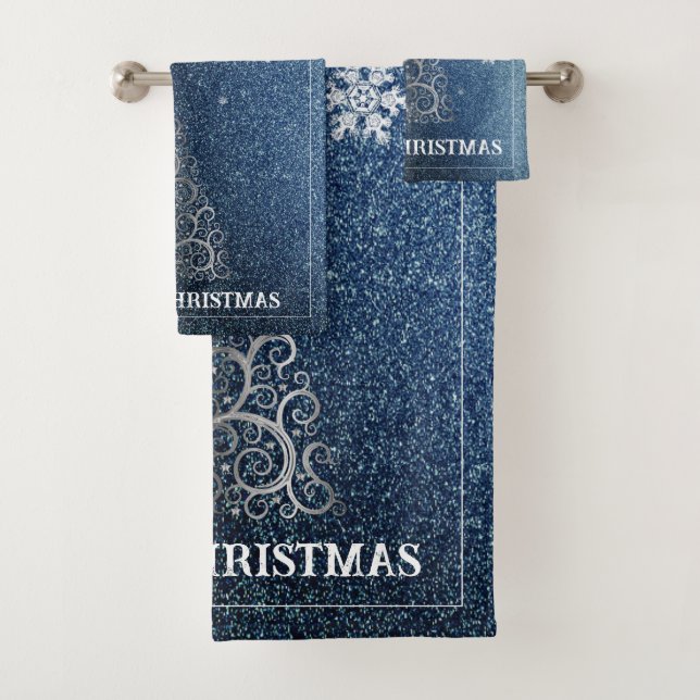 Christmas Tree Glitter and Snowflakes | Blue Bath Towel Set (Insitu)