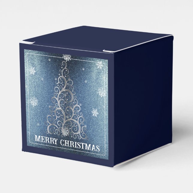 Christmas Tree Glitter and Snowflakes | Blue Favour Box (Front Side)