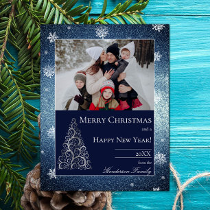 Christmas Tree Glitter and Snowflakes   Blue Holiday Card