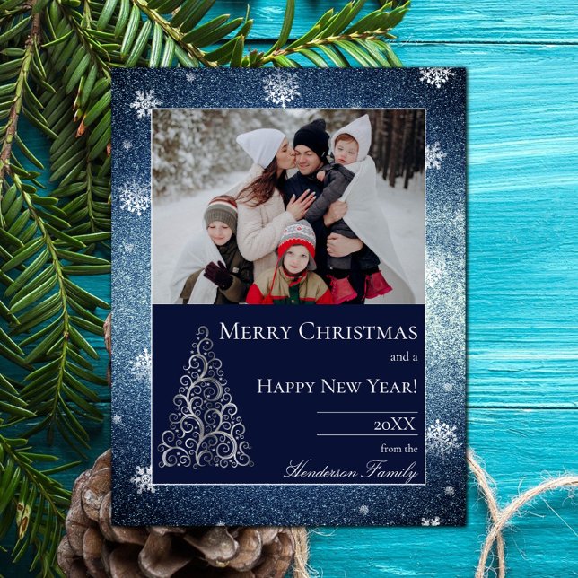 Christmas Tree Glitter and Snowflakes | Blue Holiday Card (Christmas Tree Glitter and Snowflakes Holiday Photo Card - Blue)