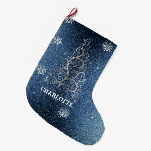 Christmas Tree Glitter and Snowflakes   Blue Large Christmas Stocking