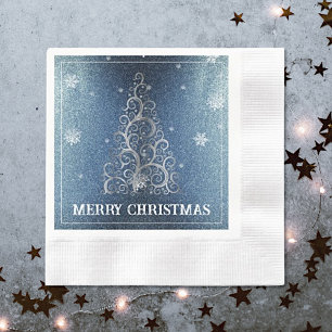 Christmas Tree Glitter and Snowflakes   Blue Napkin
