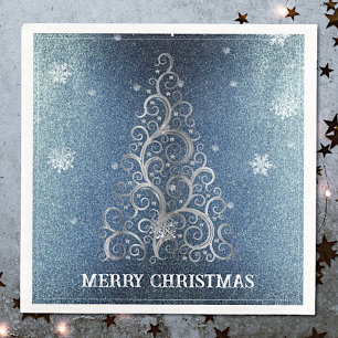 Christmas Tree Glitter and Snowflakes   Blue Napkin