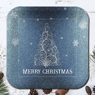 Christmas Tree Glitter and Snowflakes   Blue Paper Plate