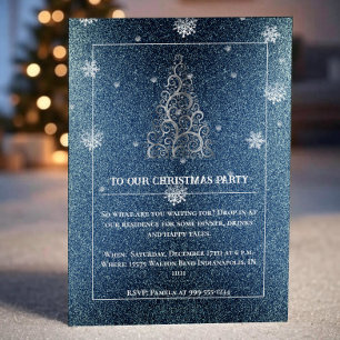 Christmas Tree Glitter and Snowflakes Blue Party Invitation