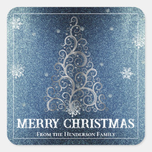 Christmas Tree Glitter and Snowflakes   Blue Square Sticker