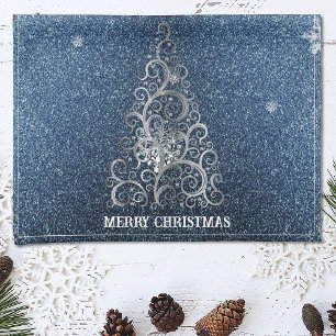 Christmas Tree Glitter and Snowflakes   Blue Tea Towel