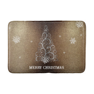 Christmas Tree Glitter and Snowflakes Gold Bath Mat