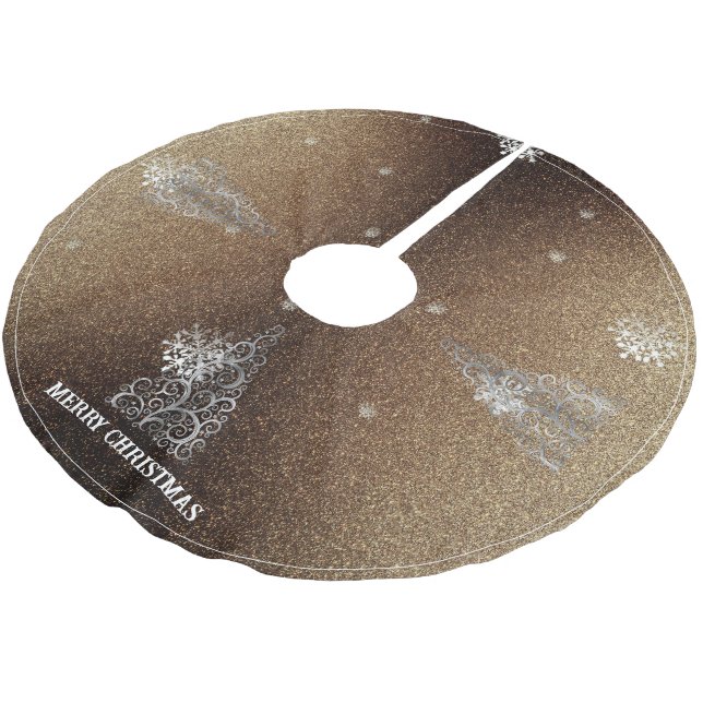 Christmas Tree Glitter and Snowflakes | Gold Brushed Polyester Tree Skirt (Angled)