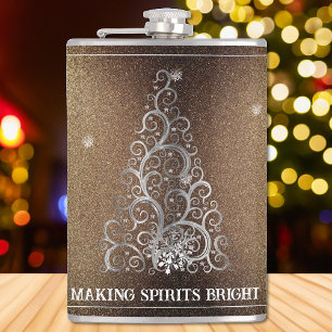 Christmas Tree Glitter and Snowflakes   Gold Hip Flask
