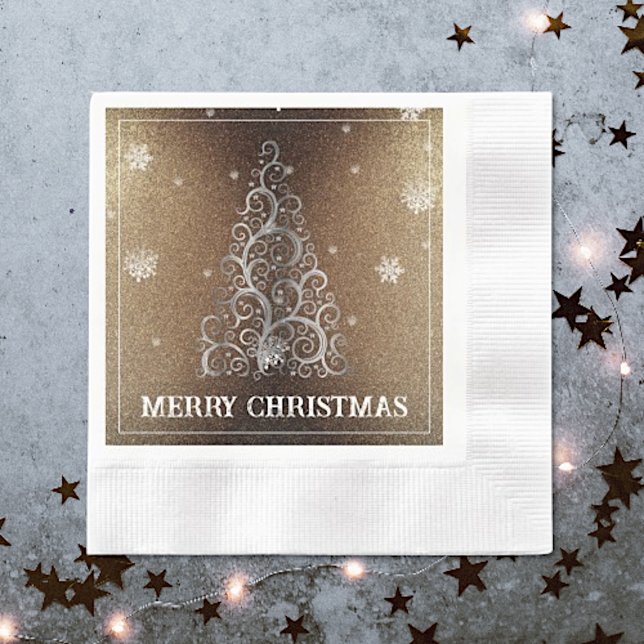 Christmas Tree Glitter and Snowflakes | Gold Napkin (Gold Christmas Tree Glitter and Snowflakes Napkins)