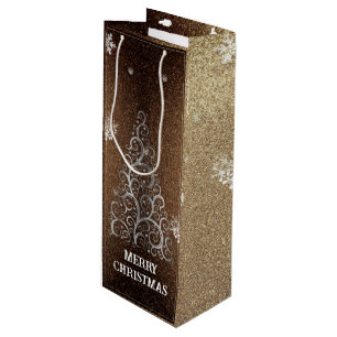 Christmas Tree Glitter and Snowflakes Gold Wine Gift Bag
