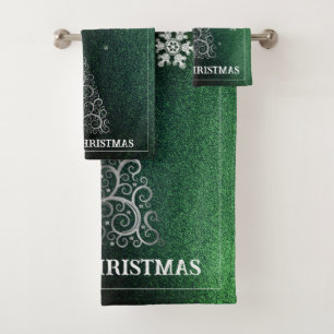 Christmas Tree Glitter and Snowflakes Green Bath Towel Set