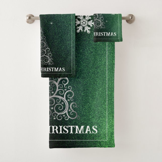 Christmas Tree Glitter and Snowflakes | Green Bath Towel Set (Insitu)
