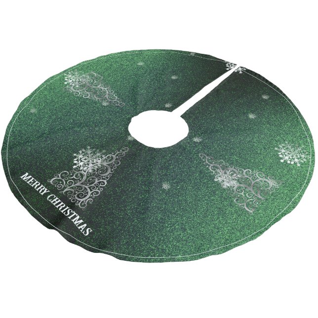 Christmas Tree Glitter and Snowflakes | Green Brushed Polyester Tree Skirt (Angled)