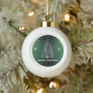 Christmas Tree Glitter and Snowflakes   Green Ceramic Ball Christmas Ornament