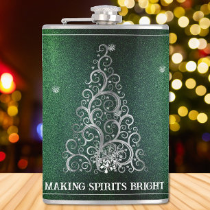 Christmas Tree Glitter and Snowflakes   Green Hip Flask
