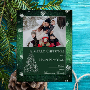 Christmas Tree Glitter and Snowflakes Green Holiday Card