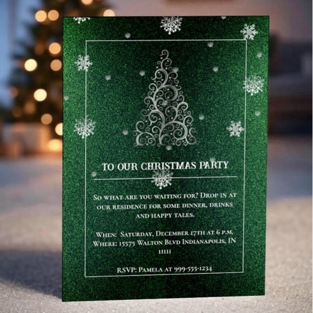 Christmas Tree Glitter and Snowflakes | Green Invitation (Green Christmas Tree Glitter and Snowflakes Party Invitation)