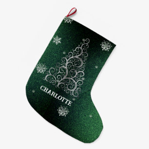 Christmas Tree Glitter and Snowflakes   Green Large Christmas Stocking
