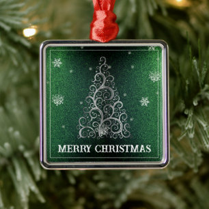 Christmas Tree Glitter and Snowflakes Green Metal Ornament