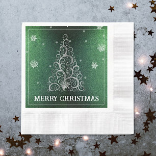 Christmas Tree Glitter and Snowflakes Green Napkin