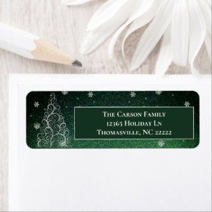 Christmas Tree Glitter and Snowflakes   Green Return Address Label