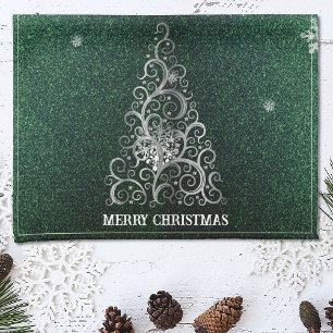 Christmas Tree Glitter and Snowflakes   Green Tea Towel