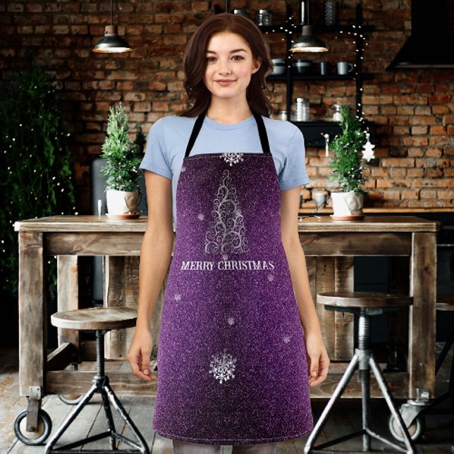 Christmas Tree Glitter and Snowflakes | Magenta Apron (Magenta Christmas Tree Glitter and Snowflakes Apron)