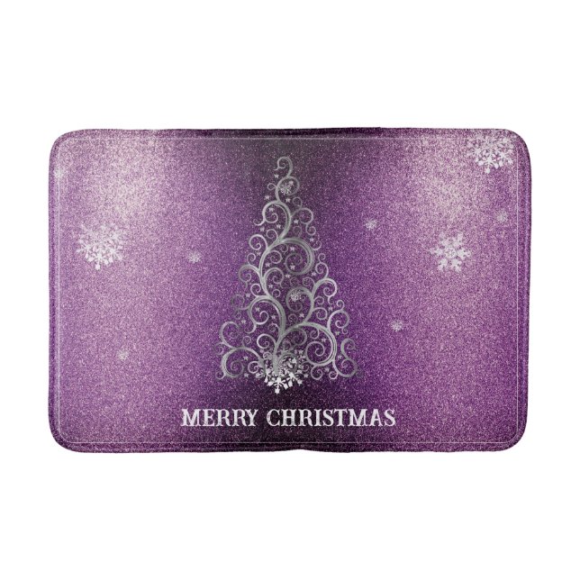 Christmas Tree Glitter and Snowflakes | Magenta Bath Mat (Front)