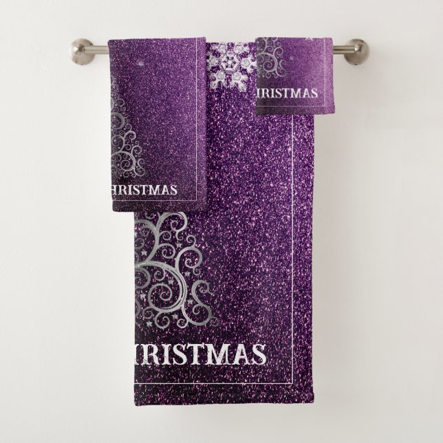 Christmas Tree Glitter and Snowflakes | Magenta Bath Towel Set (Insitu)