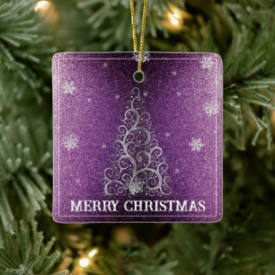 Christmas Tree Glitter and Snowflakes   Magenta Ceramic Ornament