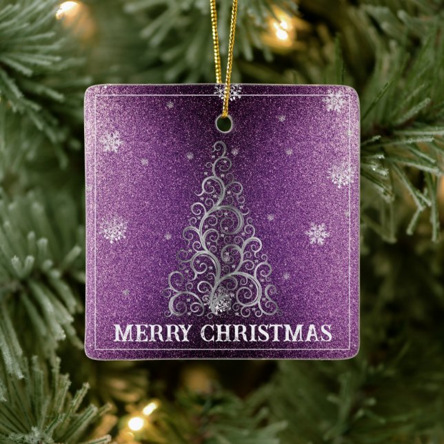 Christmas Tree Glitter and Snowflakes | Magenta Ceramic Ornament (Tree)