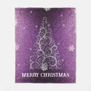 Christmas Tree Glitter and Snowflakes Magenta Fleece Blanket