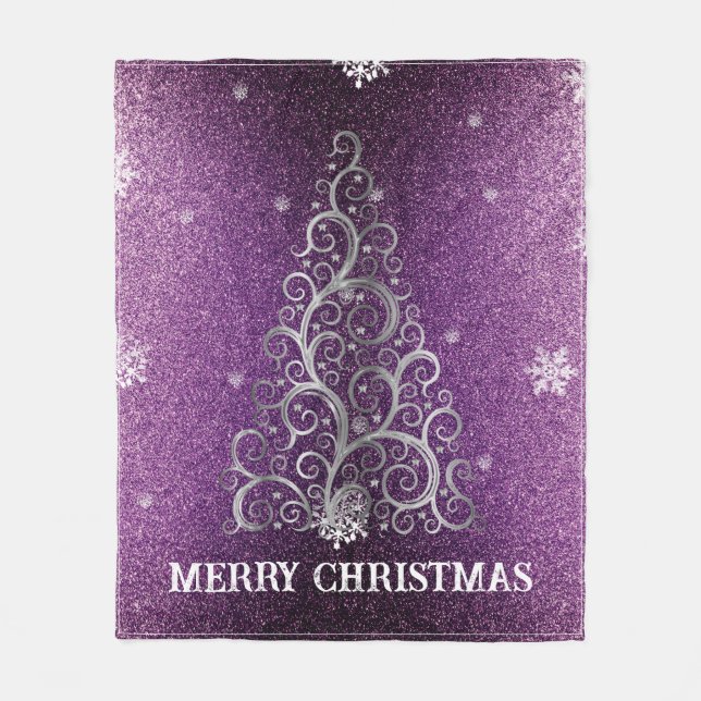 Christmas Tree Glitter and Snowflakes | Magenta Fleece Blanket (Front)